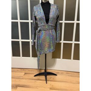 Etiquette Holographic Silver Sequin Wrap Mini Dress